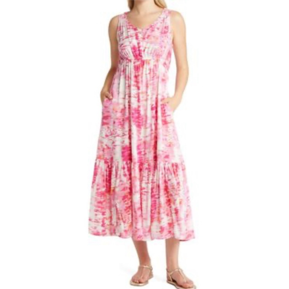 Beachlunchlounge Tie-dye Pink V-neck Sleeveless Comfy Maxi - Size Large